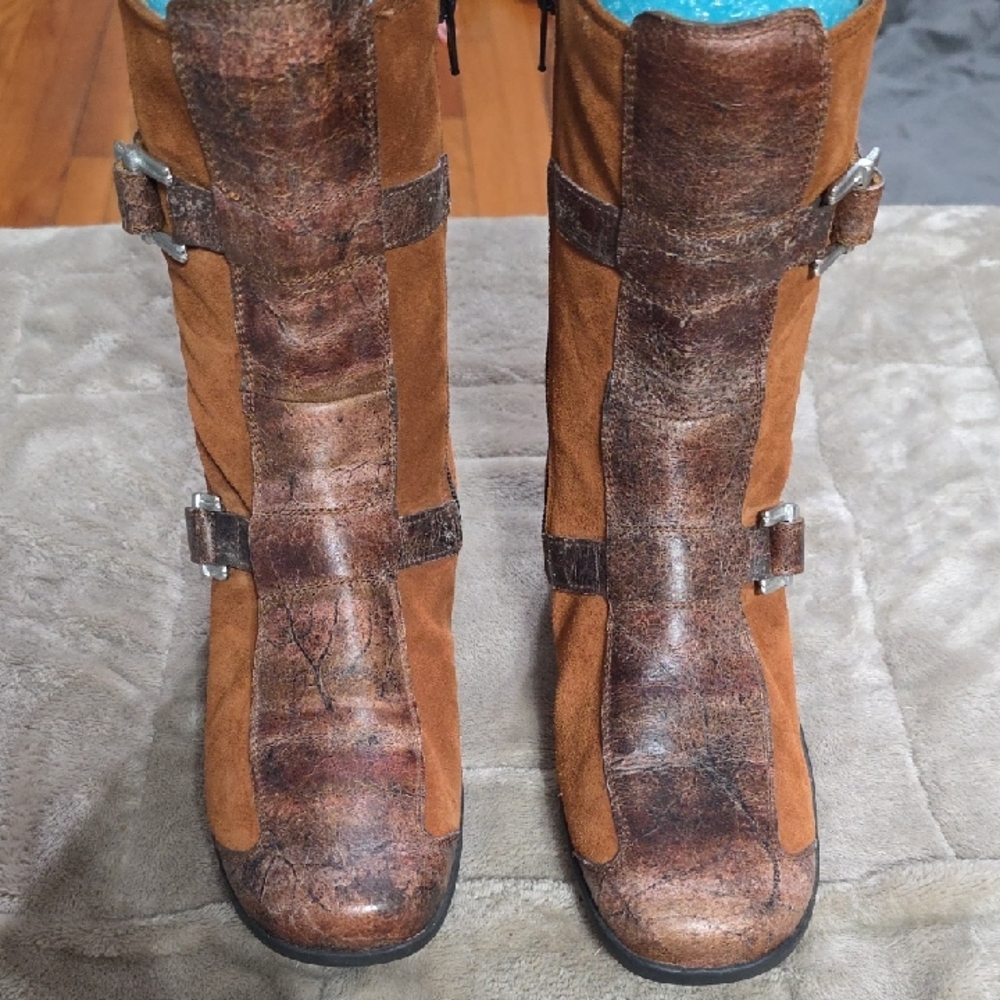 Romus Womens Suede Leather Boots Mid Calf Caramel Brown Zips Buckles Sz 36/6 EUC